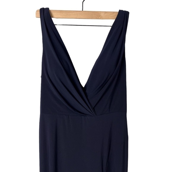 Mac Duggal Ruched Deep V Neck Gown Sleeveless Dress Leg Slit Navy Blue Size 12 - Picture 7 of 11